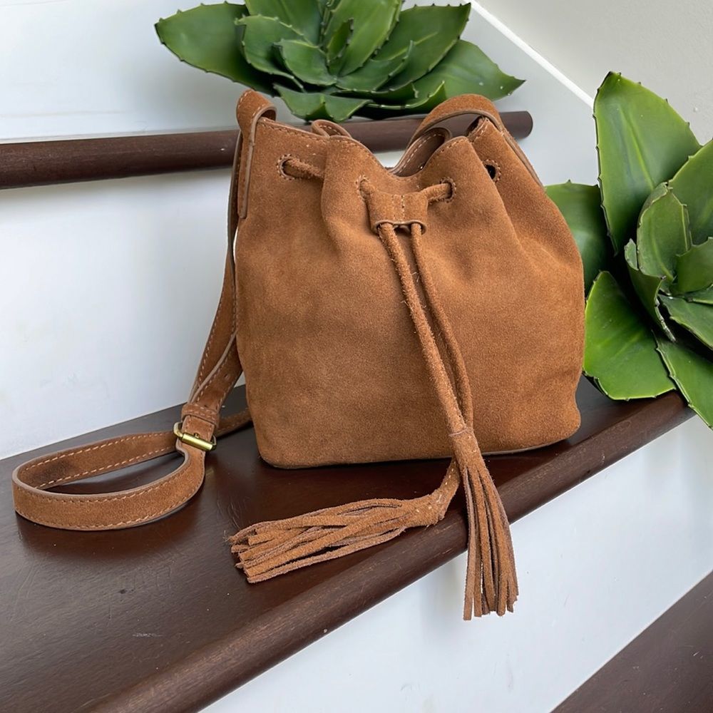 J. Crew suede genuine Leather drawstring bucket crossbody shoulder handbag purse